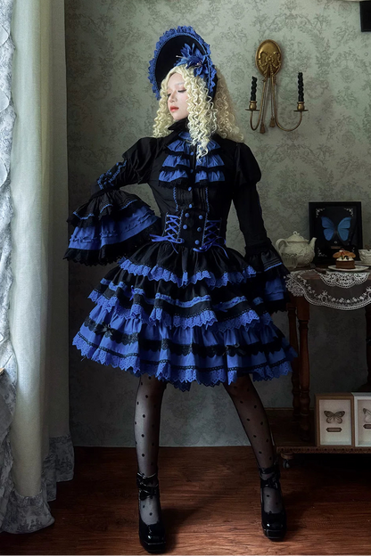 [Vorbestellfrist: 13. Juli] Kleinblaue Gothic-Lolita-Rüschen-Stufenkleid-Komplettset