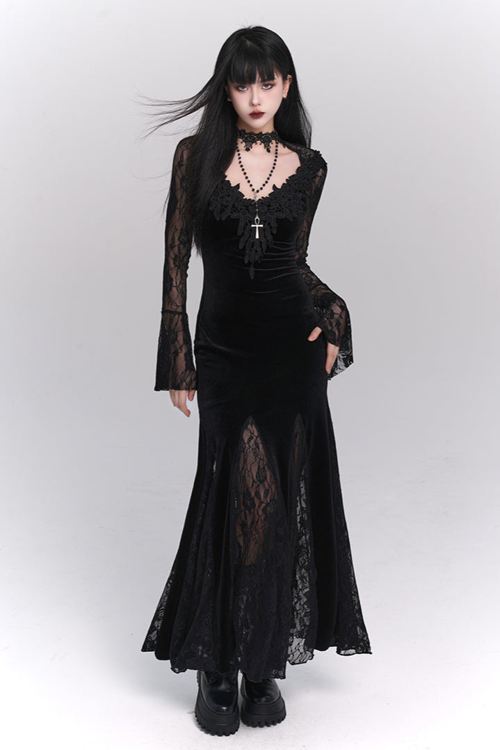 Open Neck Collar Sheer Long Dress