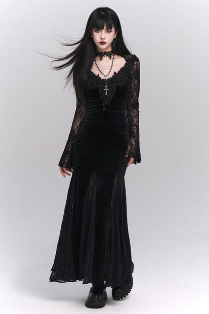 Open Neck Collar Sheer Long Dress