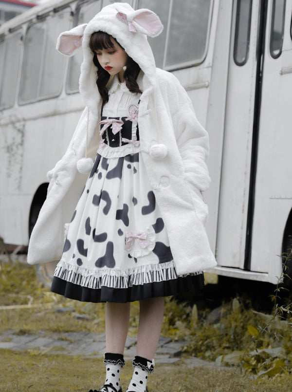 Fur Coat + Cow Suspender Skirt + Blouse