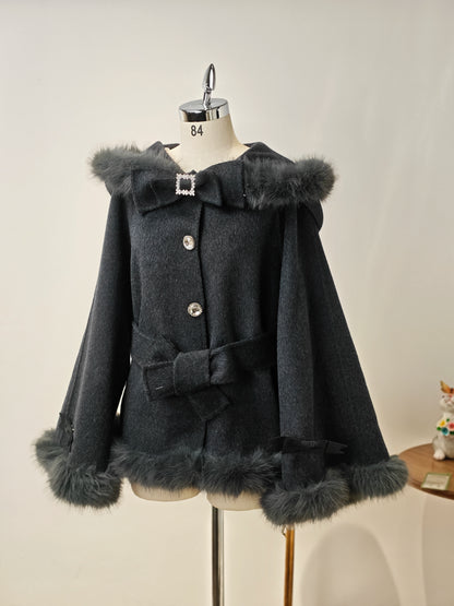 [Deadline for reservations: December 18] Bunny Ear Hoodie Fur Ribbon Cape Coat
