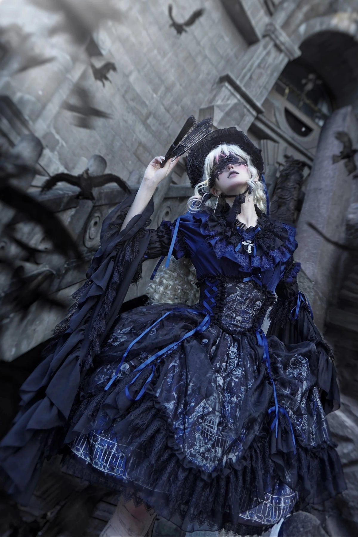 【11月25日予約締切】Gothic Lolita Frill Lace Puff Sleeve Satin Shirt + Skeleton Lace Layered Corset Skirt + Detachable Bell Sleeves + Bonnet Set