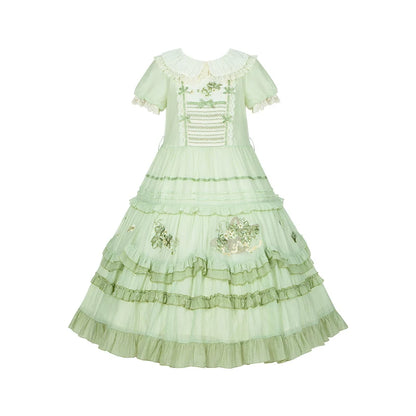 Green Embroidered Lolita One-Piece Dress + Cardigan + Hat + Belt + Accessories