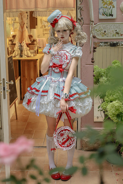 [Pre-order Deadline: September 27] Twin Tiered Lolita Dot Ribbon Striped Dress + Flower Bud Skirt Dress
