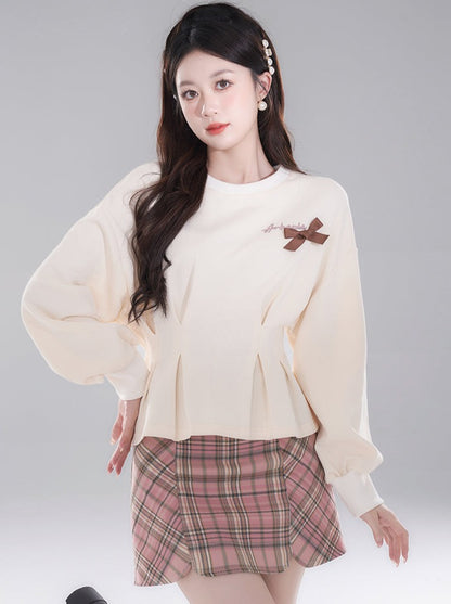 Apricot Peplum Sweatshirt + Check Skirt