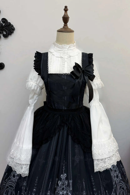 【10月13日予約締切】Gothic Lolita Black White Cathedral Print Lace Trim JSK Dress + Full Dress Set (Detachable Sleeved Shirt, Mini Hat, Apron, Brooch)