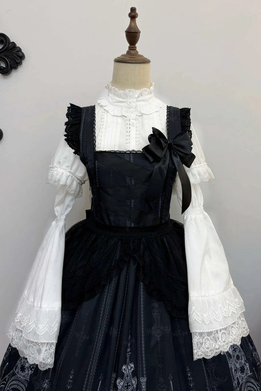 【10月13日予約締切】White Lolita High-Neck Shirt With Detachable Bell Sleeves And Lace Ruffles