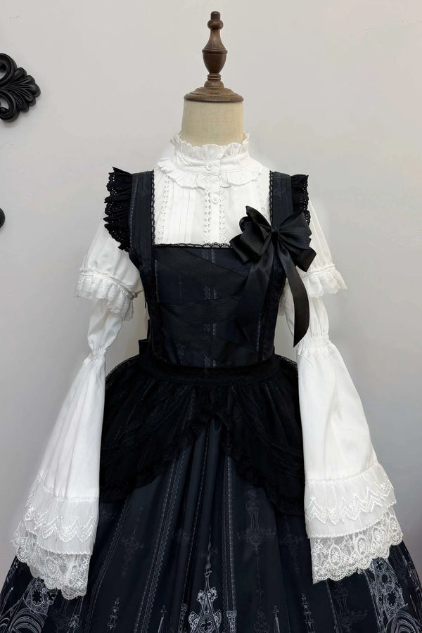【10月13日予約締切】White Lolita High-Neck Shirt With Detachable Bell Sleeves And Lace Ruffles