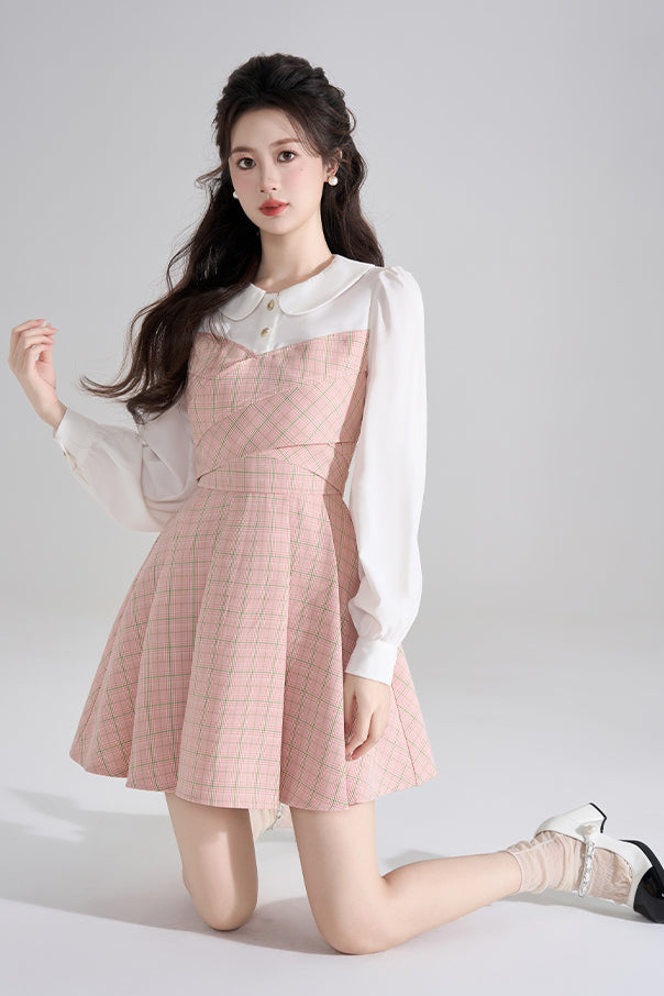 フローラルウエストラインピンクワンピース