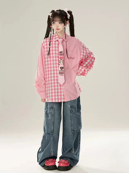 Pink Check Loose Contrast Collar Shirt + Denim Suspender Skirt
