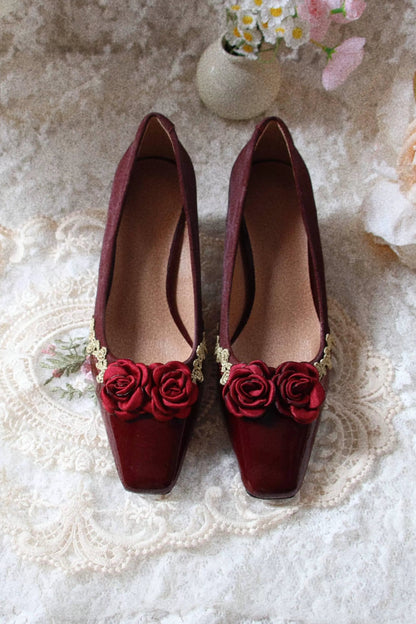 レトロスクエアトゥフレンチレザーステッチフラットヒール