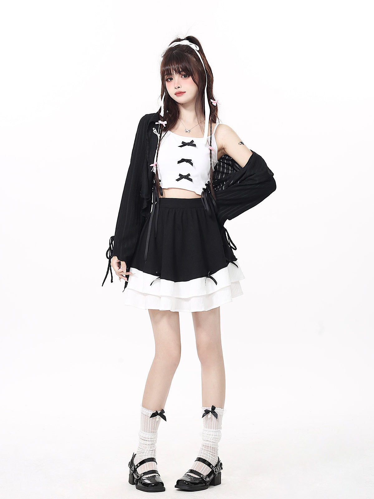 Openwork ribbon bell sleeve cardigan + lace-up cami top + skirt