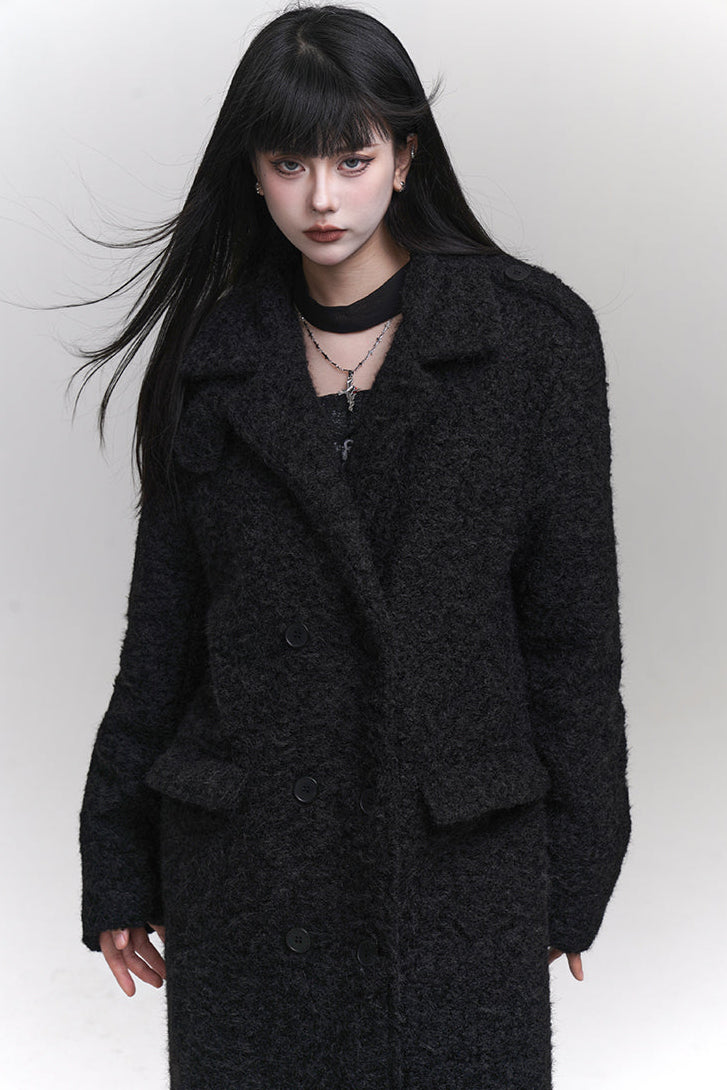 High neck mode dark long wool coat