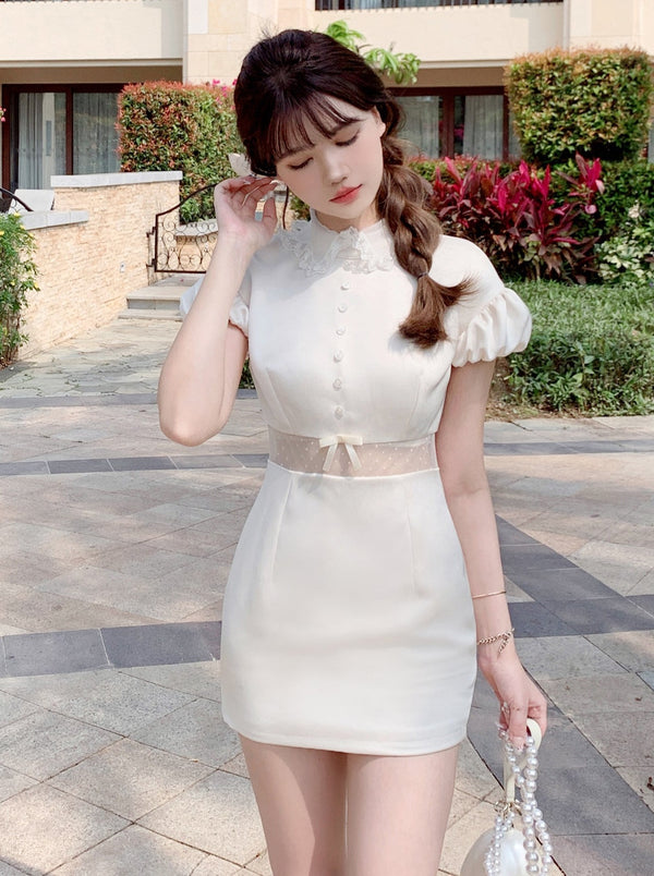 French Sheer Dot Waist Dress