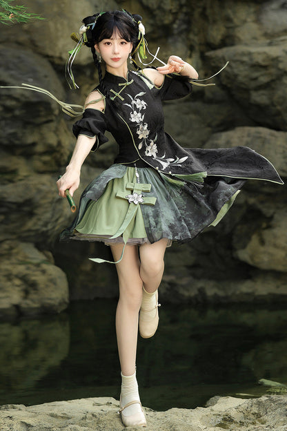 Floral Gothic Asymmetric Cheongsam Dress + Skirt