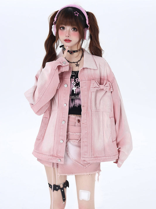 [3.4 limited time 95% off] small peach iced tea pink sweet cool girl bow dopamine denim spring coat
