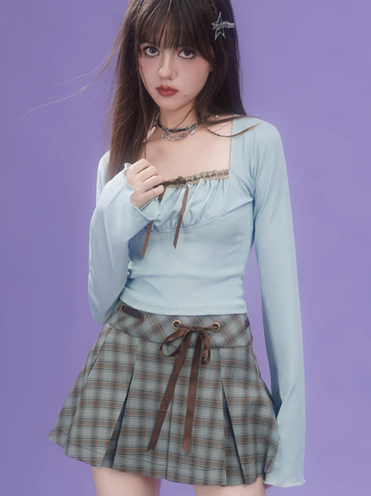 ピュアディザイアスイートミントグリーンスクエアネックフリルロンT