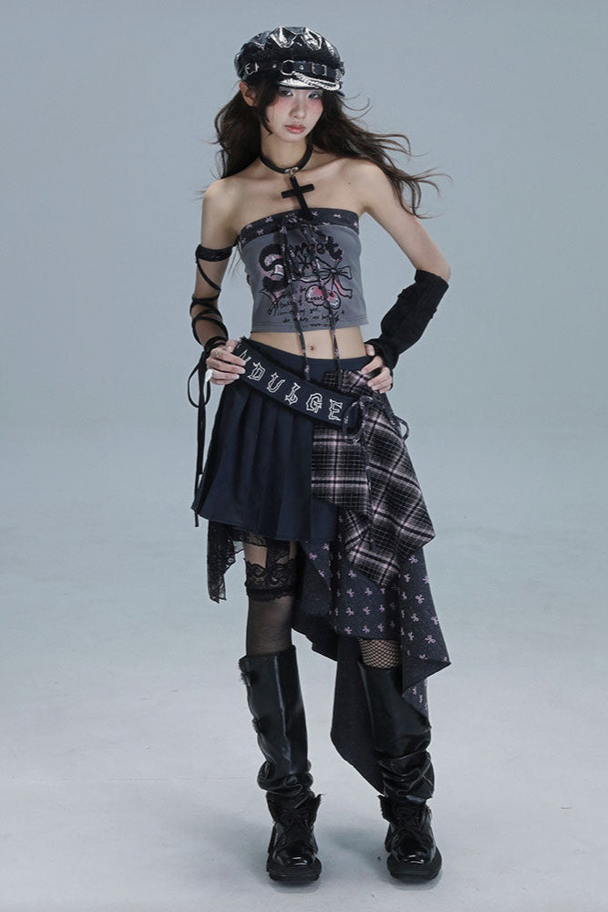 チェック柄パッチワークアシメプリーツスカート