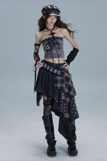 チェック柄パッチワークアシメプリーツスカート