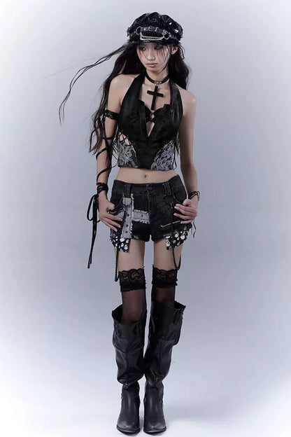 ダークレースパッチワークレザーキャミソール