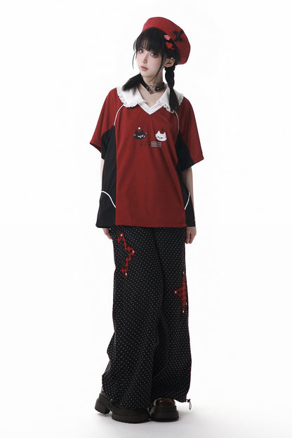 レースカラーオーバートップス＋バルーンスカート＋ロングパンツ＋レッグウォーマー