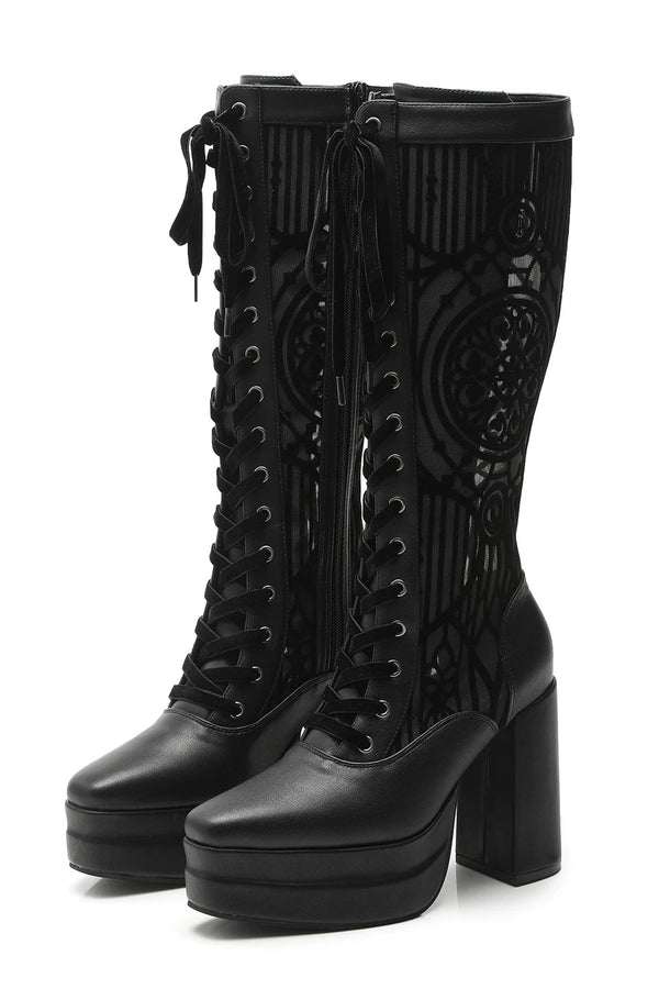 [Pre-order Deadline: September 28] Matte Black / Glossy Black Gothic Cathedral Mesh Lace-Up High-Heel Boots