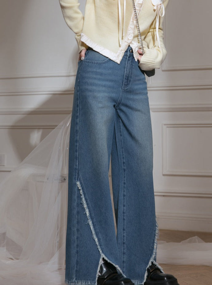 Low edge slit mid -rise -leged denim pants