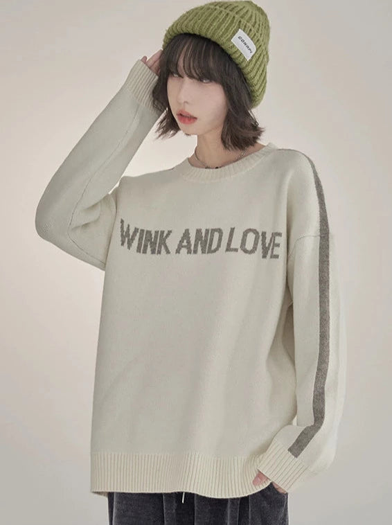 Retro Letter Loose Knit Round Neck Sweater