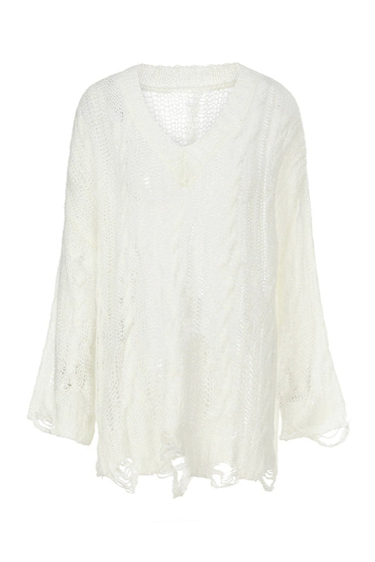 ワンショルダーダメージメッシュルーズトップス