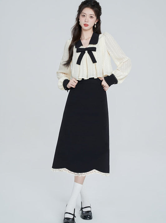 프렌치 걸리 숏 블라우스 + 스크랩 프릴 스커트