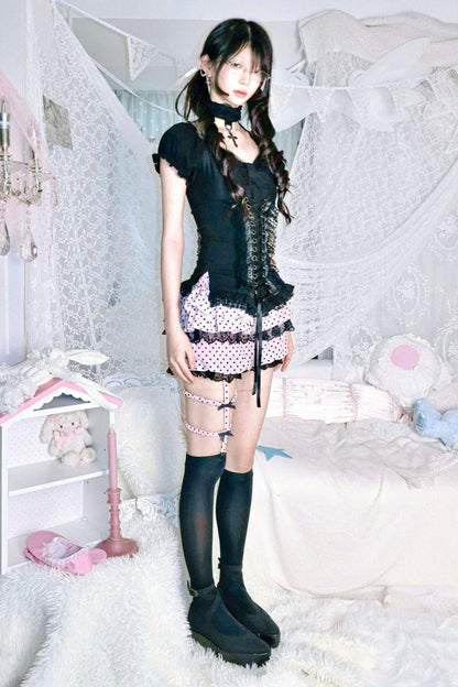 Y2Kドットレースレッグループ付きパンツ