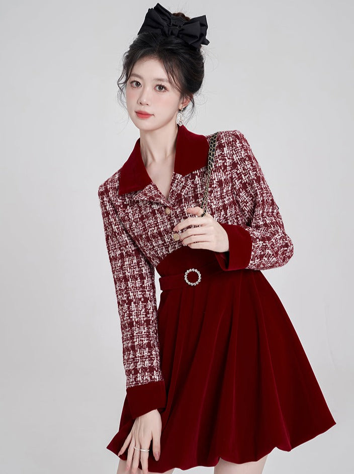 French V-Neck Ribbon Tweed Dress