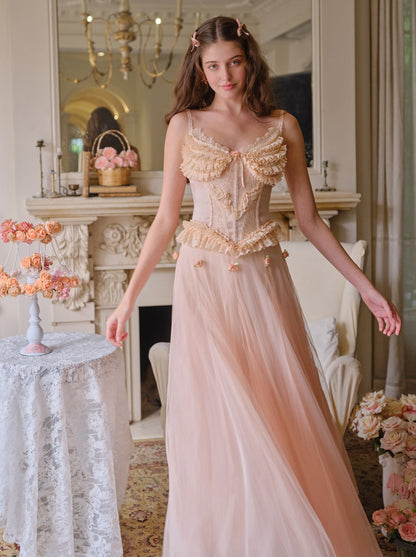 Peach Fairy French Retro Sweet Lace Camisole With Skirt