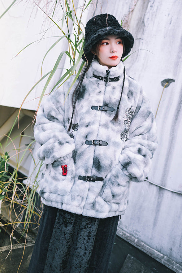 Eccentric House "Yinhu" imitation rabbit plush fur jacket women's winter new Chinese embroidered coat with a stand-up collar and thickened top