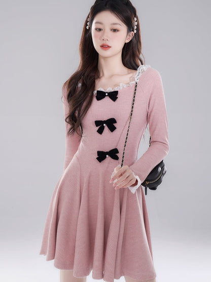 Knit Double Bow Flared Elegant Dress