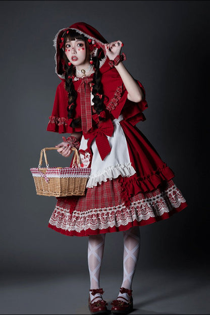 [Reservation product]Sweet Red Check Ribbon Dress [Little Red Riding Hood Outfit]