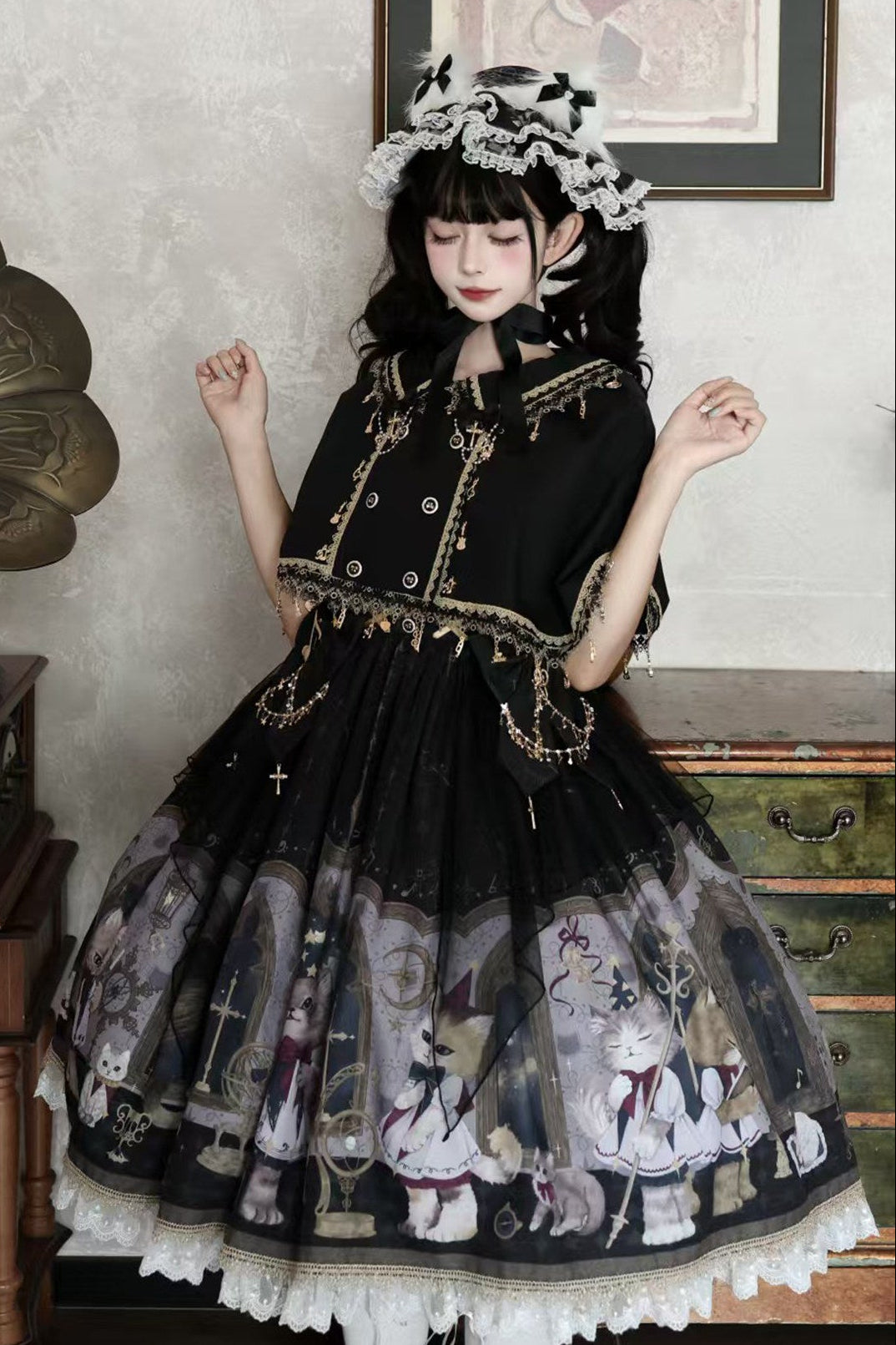 Reservation Deadline: December 26 Black Gold Gothic Lolita Cat Choir Series Accessories (Cat Ear BB Hat + Back Ribbon Train + Pair of Side Ribbons with Musical Note and Cross Motifs + Cat Print Ribbon KC + Black Cat Ear Lace Mini Hat)