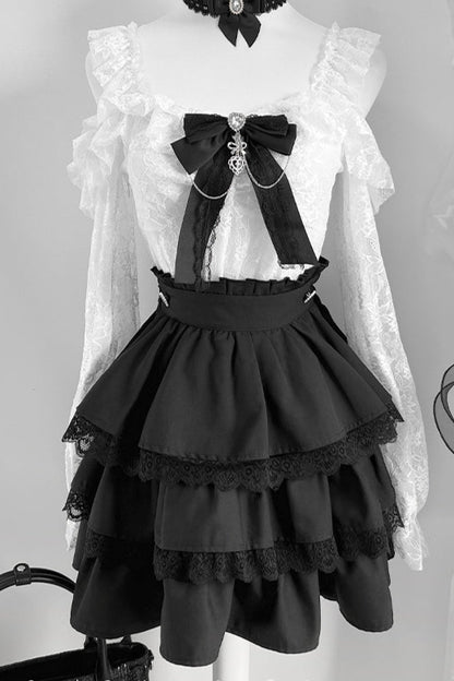 地雷インナーシャツレースリボンノースリーブシャツ+ケーキスカート