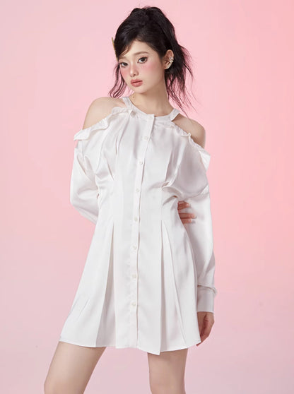 White Tea Open Mock Waist Strap Ress Frill Shirt One Piece