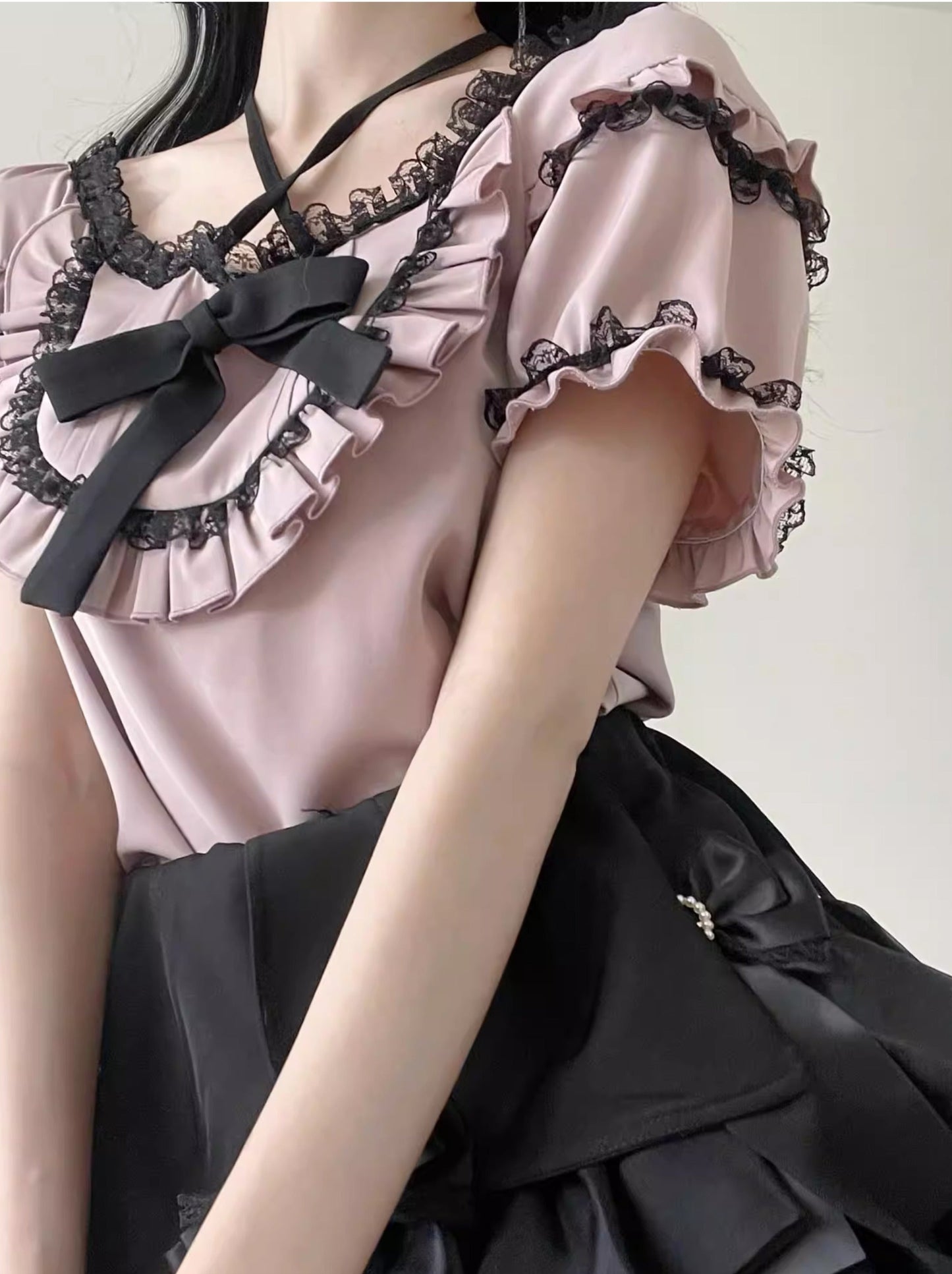 Cross Ribbon Frill Top + Frill Shoulder Pearl Ribbon Tiered Dress