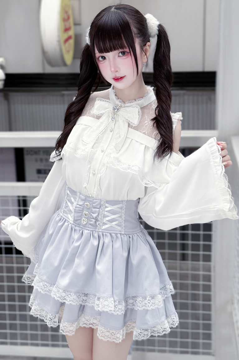Lace off-the-shoulder shirt + lace-up skirt