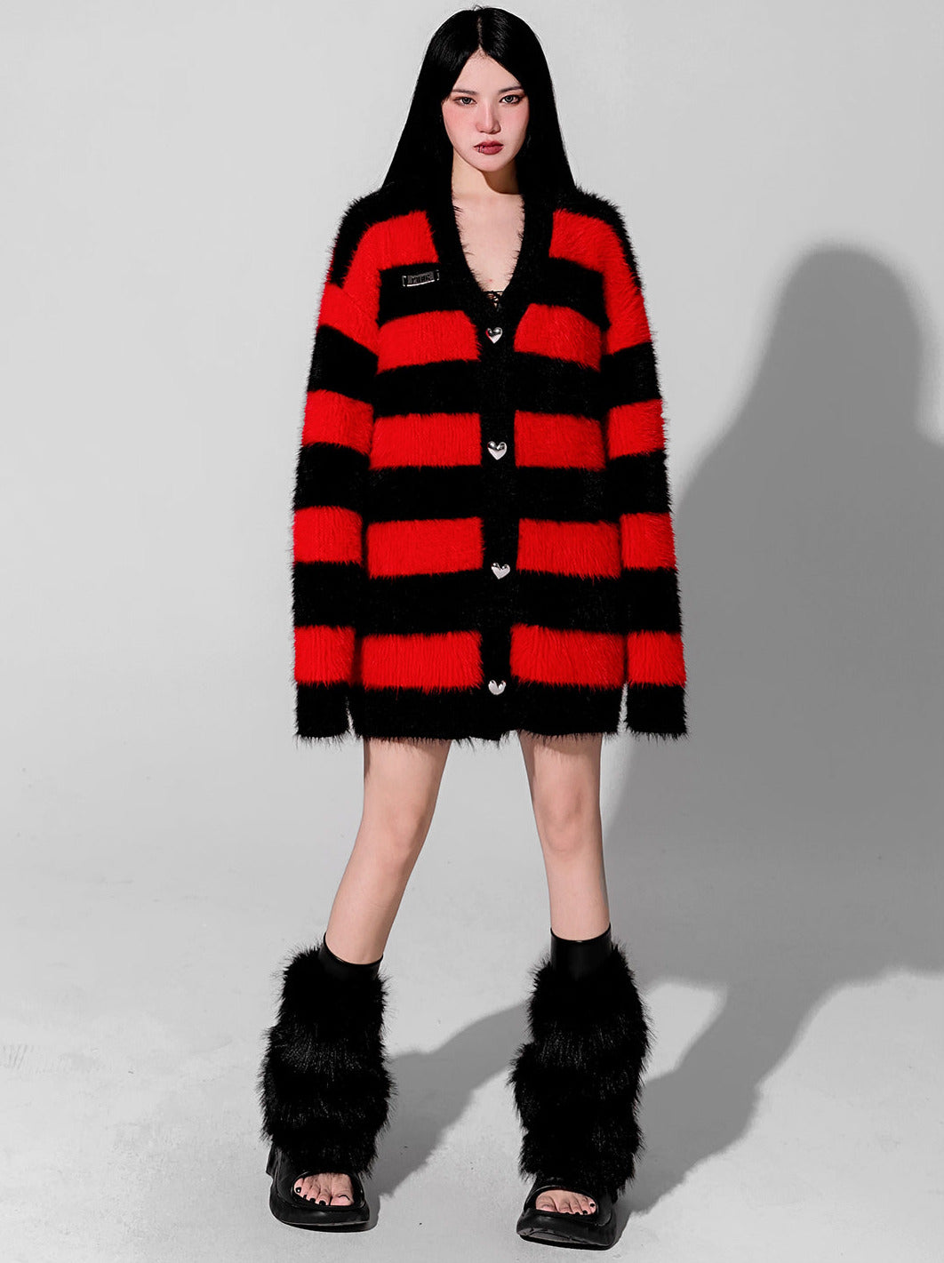 Little Devil Colour Red Black Faux Fur Stripe Punk Knit Cardigan