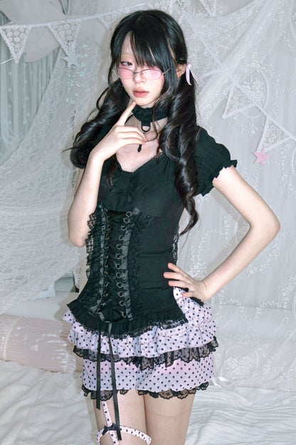 Y2Kドットレースレッグループ付きパンツ