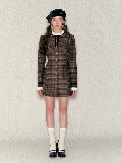 French Retro Ribbon Lace Brown Check Dress [Reserved Products]