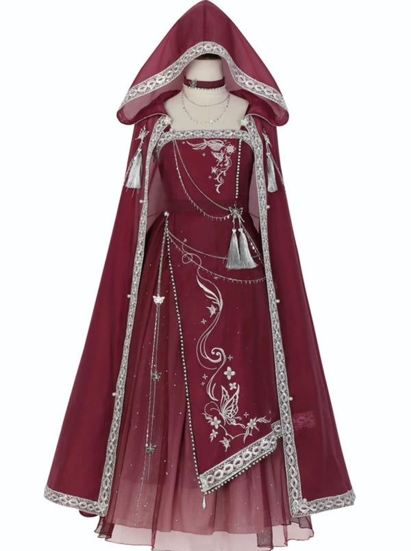 China design hooded cape + suspender dress