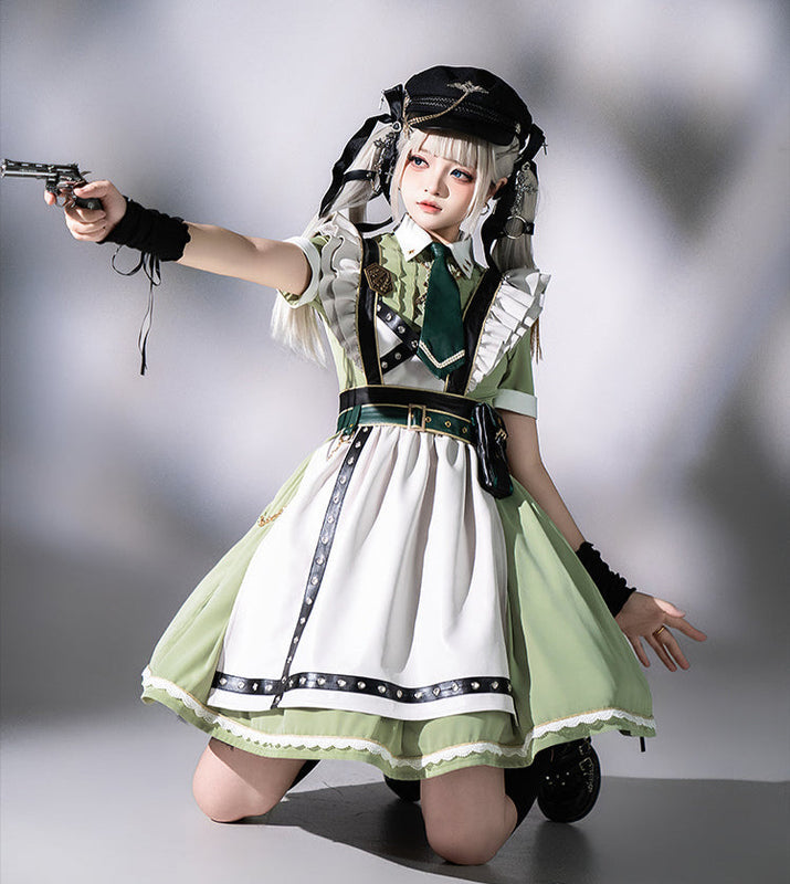 Schwarz-grünes Militär-Maid-Lolita-Kleid Komplettset