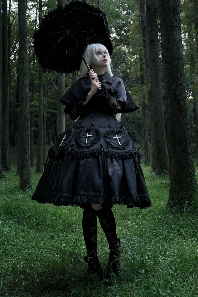 【12月12日予約締切】Night Crossダークエレガントゴシックロリータジュエルリボンケープ＋ロングドレスセット