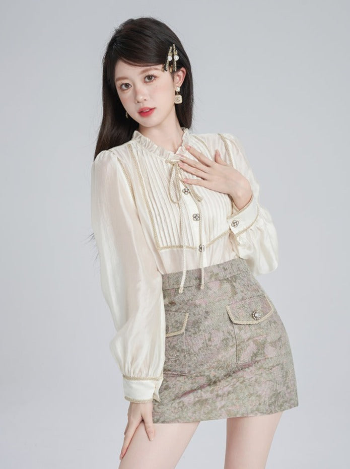 French apricot stand collar shirt + retro design skirt