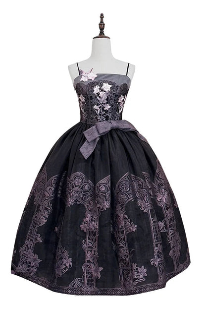 【9月8日予約締切】Black x Purple / White x Purple Lily Embroidery Stained Glass China Lolita Elegant Bow JKS Dress