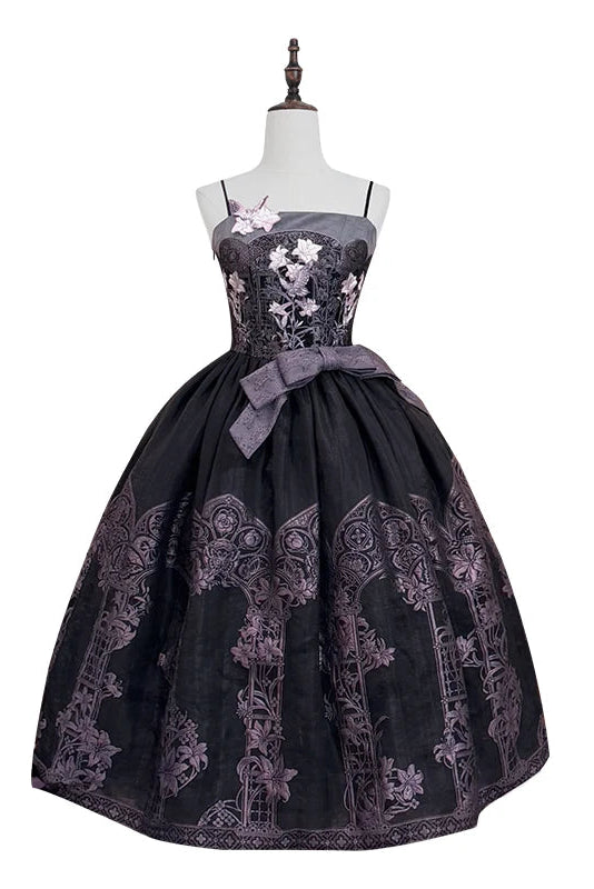 【9月8日予約締切】Black x Purple / White x Purple Lily Embroidery Stained Glass China Lolita Elegant Bow JKS Dress